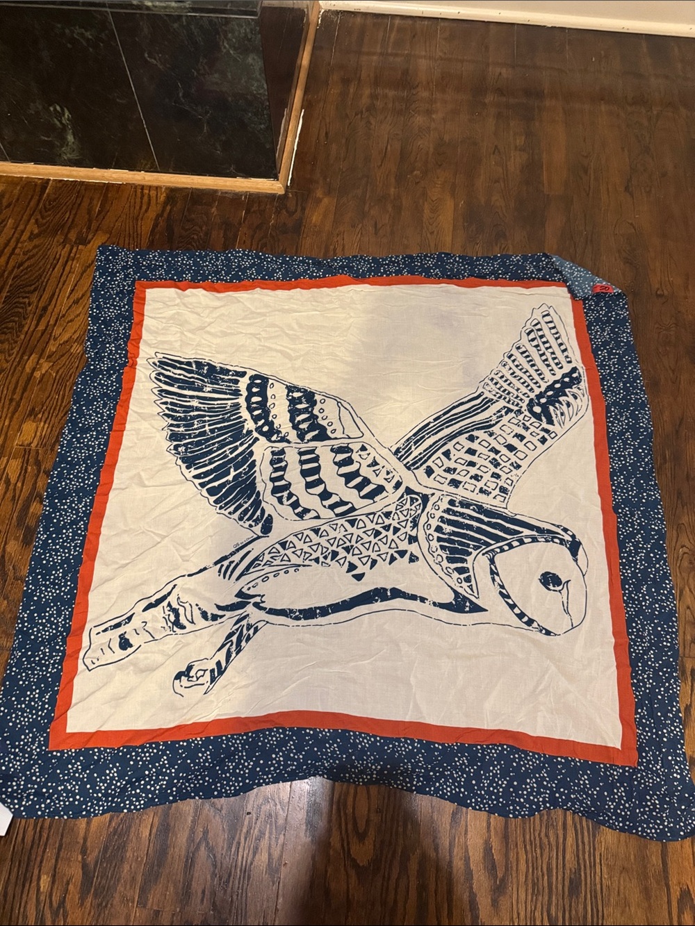 Navy and White Barn Owl Print Throw with Orange Trim